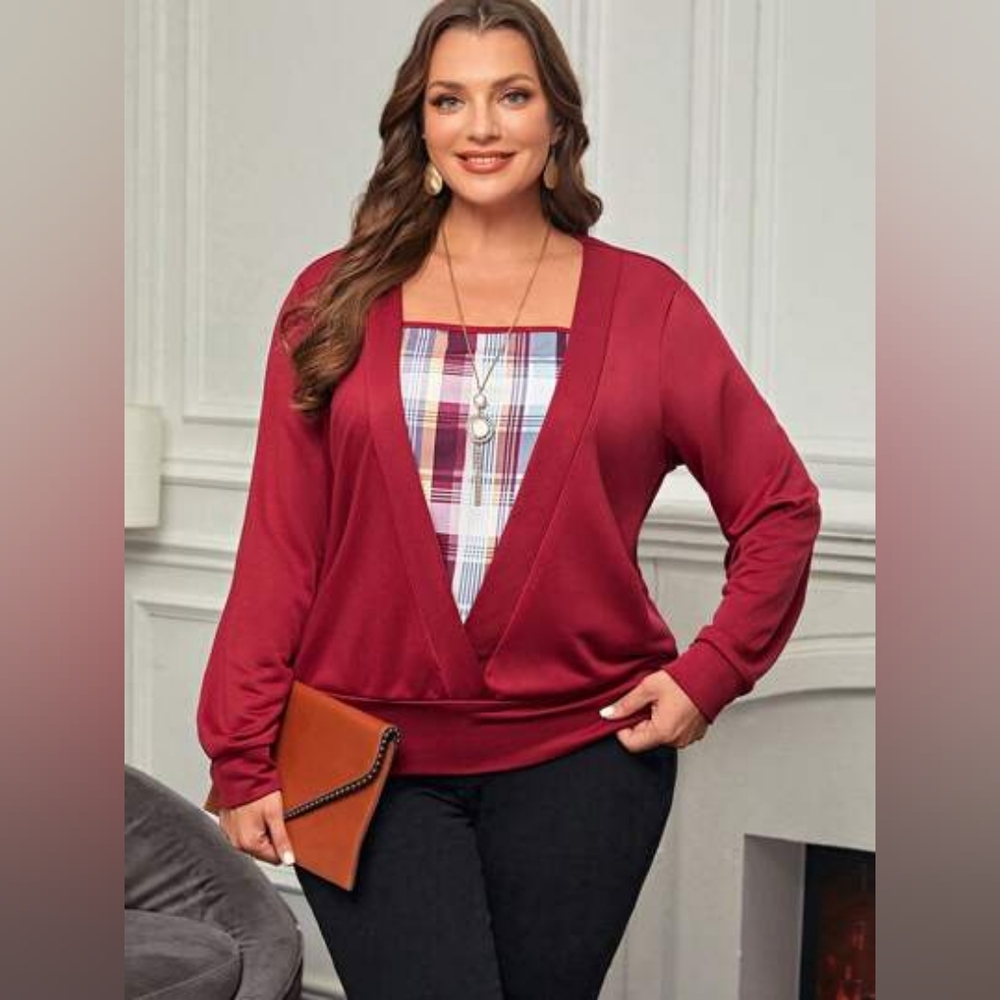 NWT Emery Rose Plus Size  Red Plaid Lined Sweater